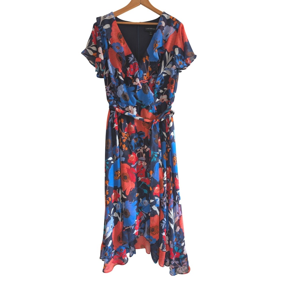Lane Bryant Floral Ruffle V-Neck Midi Dress Navy Blue Red Size 14 High-Low Hem